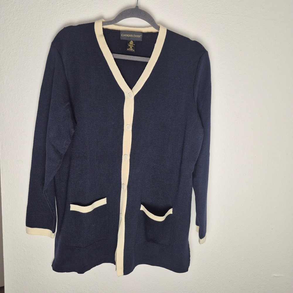 Classiques Entier Navy Blue Merino Wool Cardigan Cream Trim Womens Medium